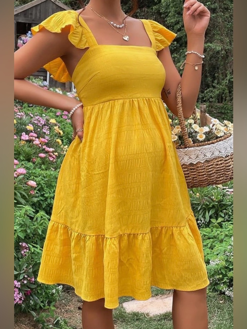 Maternity Ruffle Cap Sleeve Sundress with Tie Back and Ruffle Hem M
